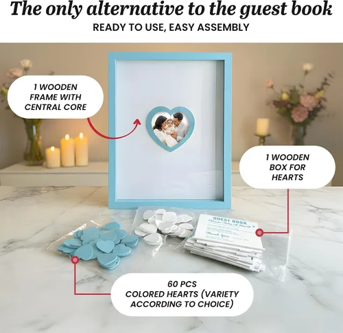 Vista 9 de Libro de invitados de boda azul alternativo para recepción con corazones de madera, un marco, decoración de libros, recuerdos para boda, ideas