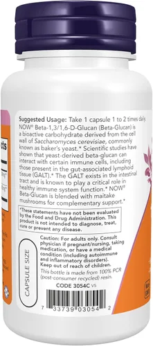 Vista 3 de NOW Suplementos alimenticios, Beta 1,3/1,6- D-Glucano 100 mg con hongos Maitake, 90 cápsulas vegetales
