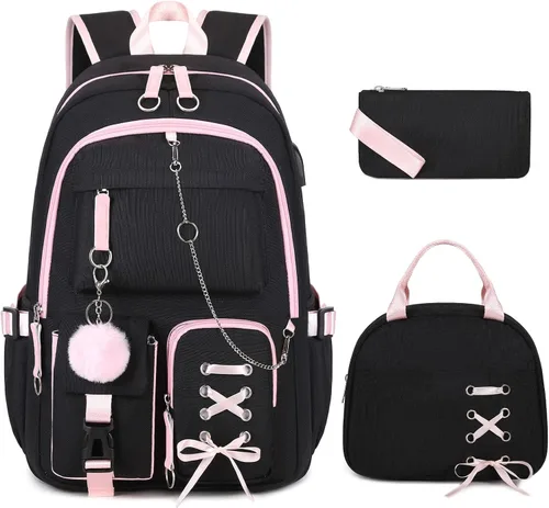Vista 7 de ACESAK Mochilas para niñas, adolescentes y niños de primaria, secundaria, preparatoria, universidad, mochila escolar para niños estudiantes, Negro