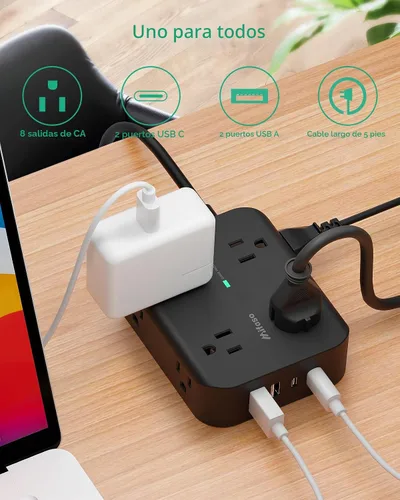 Vista 2 de Regleta protectora contra sobretensiones, enchufe plano, montaje en pared, 8 tomas anchas con 4 puertos USB (2 USB C), cable de extensión resistente