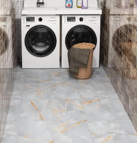 Vista 5 de FunStick Azulejos de mármol para baño, 12 x 12 pulgadas, vinilo adhesivo de color gris dorado, azulejos adhesivos para suelos de cocina, inquilinos