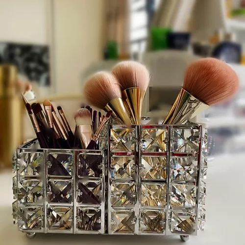 Vista 7 de K COOL Soporte para brochas de maquillaje de cristal, 2 ranuras hexagonales para cosméticos, delineador de ojos, taza de exhibición, organizador