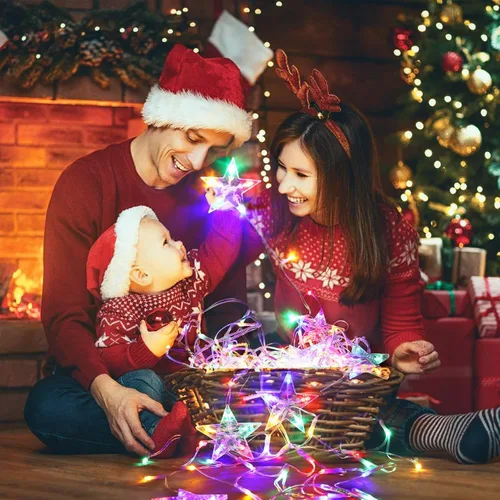Vista 5 de Luces de Navidad Decoraciones Exteriores 13.8 pies 200 Luces LED de Navidad con 12 Estrellas, Luz de Cortina de Hadas Regulable con 8 Modos