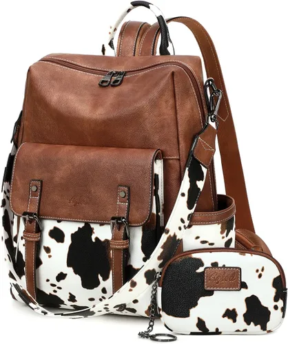 Vista 10 de AGLOD Mochila de cuero sintético para mujer, bolsos de viaje de moda para mujer, bolsos de viaje de trabajo de imitación, Beige- negro-marrón