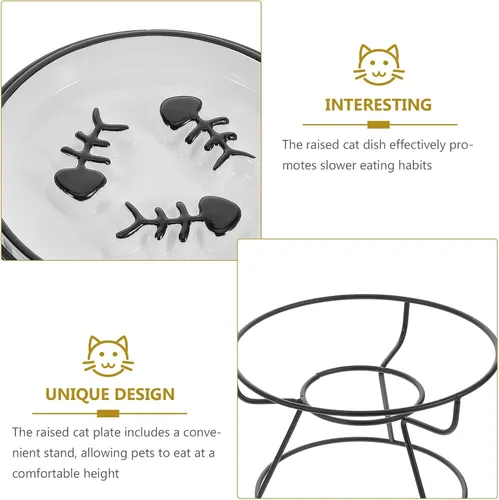 Vista 3 de Ceramic Cat Bowl Elevated Slow Feeder with Iron Stand