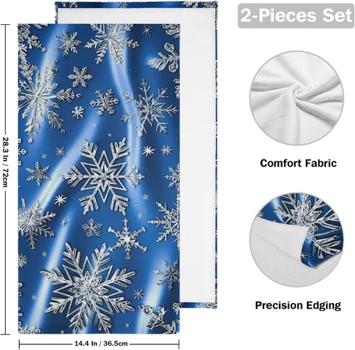 Vista 2 de Pfrewn Juego de 2 toallas de mano de copos de nieve azules de invierno, juego de 2 toallas de baño de nieve con purpurina brillante de zafiro de 16