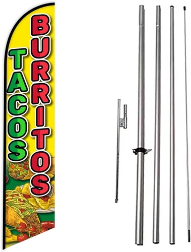 Vista 9 de Fresh Birria - Letrero de plumas publicitarias para restaurante mexicano con kit de poste de 15 pies y estaca para el suelo, tema negro/rojo/blanco