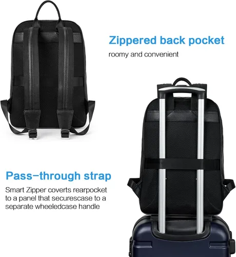 Vista 6 de BOSTANTEN Mochila de cuero para hombre 15.6 pulgadas Mochila para portátil de viaje Bolsa universitaria Negro
