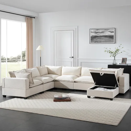 Vista 11 de Sofá modular de 103 pulgadas con 2 consolas acrílicas, juego de sofá en forma de U de gran tamaño con cargador USB, cajones de almacenamiento, Beige