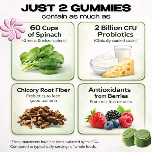 Vista 7 de Kiala Nutrition Super Greens Gomitas con 11x Verduras Orgánicas, Pre, Post y Probióticos, Antioxidantes Suplemento de Fibra Gomosa Superalimento