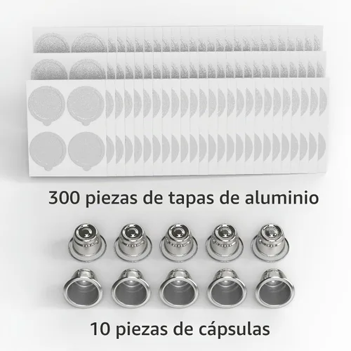 Vista 2 de 10 cápsulas reutilizables para Nespresso OriginalLine - 300 tapas de aluminio con 10 cápsulas de café recargables compatibles con la máquina