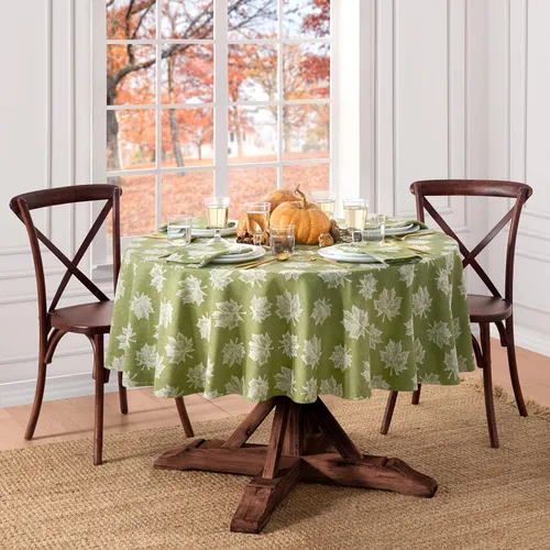 Vista 2 de Falling Leaves - Mantel jacquard color verde, 70 pulgadas de ancho x 70 pulgadas de largo, redondo