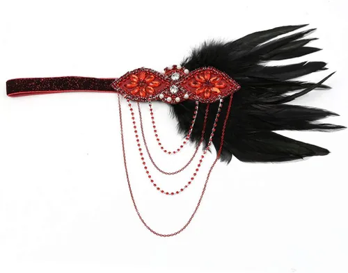 Vista 3 de Diadema Art Deco de los años 20 con diseño de plumas rugientes de los años 20, accesorio para el cabello, color rojo vino y negro, J-vino Rojo Negro
