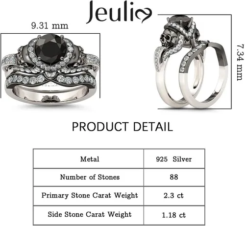 Vista 3 de Jeulia Juego de anillos de boda de diamantes negros para mujeres y hombres, plata de ley 925, anillos de torsión de calavera de pesadilla antes