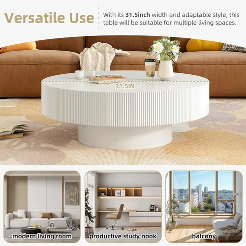 Vista 6 de Merax - Mesa de centro redonda moderna con base resistente, color blanco Mesa central de madera para sala de estar, oficina, recepción, fácil