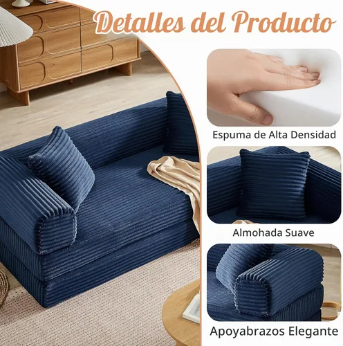 Vista 4 de Sofá cama plegable convertible 4 en 1, sofá cama plegable con marco de forma fija, sofá plegable de pana nube para sala de estar y dormitorio