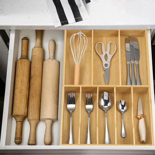 Vista 5 de Fabsome Organizador de cubiertos para cajones de cocina, bandeja de cubiertos de madera de bambú de 2.5 pulgadas de profundidad y 12.8 pulgadas