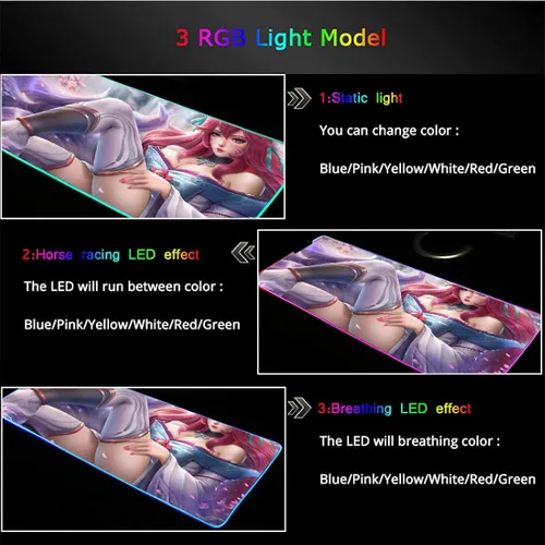 Vista 4 de Alfombrilla de mouse Anime de nueve colas, Zorro Girl Ahri XXL, Anime RGB, para ratón, tetas sexys, accesorios para juegos, laptop, teclado LED