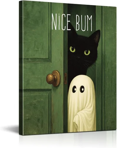 Vista 11 de Divertido arte de pared de baño con fantasma, gato y fantasma, bonita decoración de pared de baño de Halloween, divertida obra de arte de gato