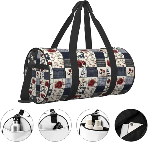 Vista 3 de Large Duffle Bag for Travel - Retro Floral Plaid Print Gym Bag for Women Men, Travel Foldable Bags for Women Men with Zippered Multiple Pockets