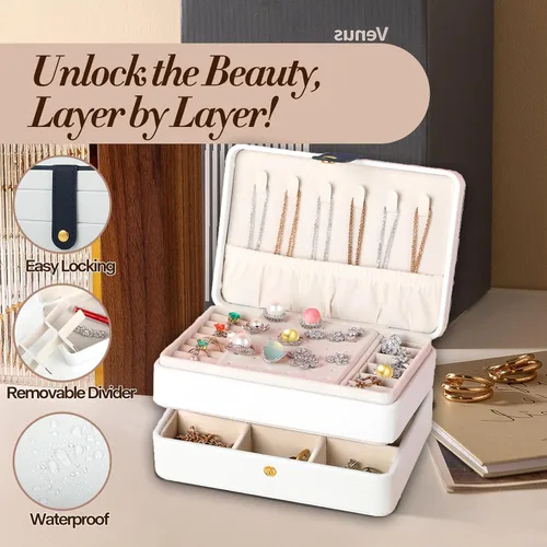 Vista 7 de coobest Joyero, organizador de joyas de 2 capas con organizador de aretes de terciopelo, organizador de joyas de viaje, pequeñas cajas de joyería