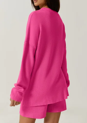 Vista 3 de QINSEN Conjunto de descanso para mujer, suéter de manga larga con pantalones cortos de dos piezas