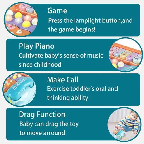 Vista 5 de Teléfono de juguete para bebés de dibujos animados Baby Piano Music Light Toy Juguete de regalo para niño y niña, regalo de educación temprana, azul