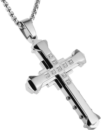 Vista 2 de HZMAN Religion - Collar con colgante de cruz de circonita cúbica de acero inoxidable bizantino grande para hombre, cadena de 22 + 2 pulgadas