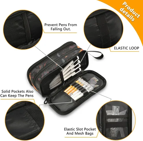 Vista 4 de Nylon Niñas Lápiz Bolsa Metal Máquina Fuego Negro Oscuro Gran Capacidad Arte Lápiz Estuche Escuela Papelería para la Escuela Secundaria Adolescente