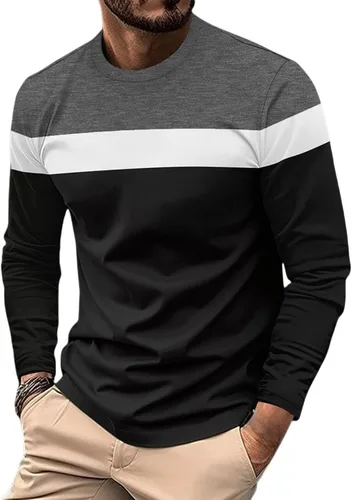 Vista 5 de Camiseta de manga larga para hombre, clásica, casual, cuello redondo, bloque de color, ajuste relajado