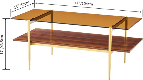 Vista 2 de Saint Mossi Tadio Mesa de Centro de Vidrio de Doble Capa para Sala de Estar, Vidrio Marrón y Estante Inferior de MDF Marrón Café