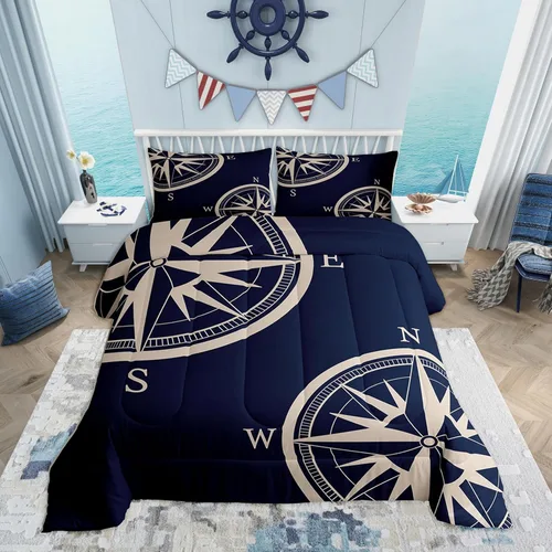 Vista 32 de Juego de edredón de brújula azul marino, tamaño individual, 2 piezas, diseño náutico de vela, estilo simple, para niños, adolescentes, adultos