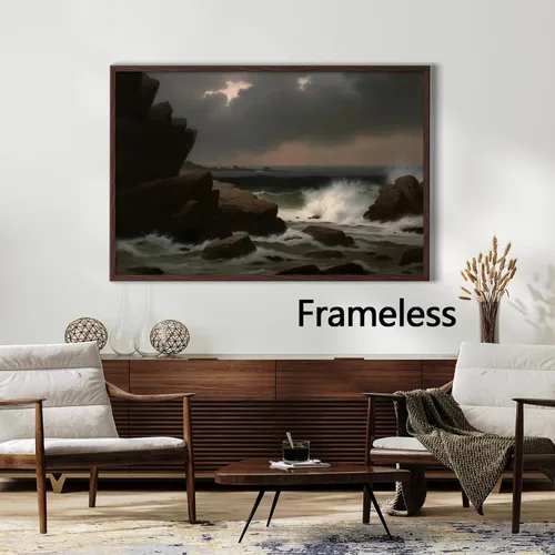 Vista 2 de Arte de pared de mar Moody, lienzo de noche y playa, pintura de paisaje de academia oscura, impresiones de mar vintage, paisaje marino Moody, arte