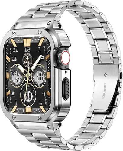 Vista 6 de MioHHR Correa de Acero Inoxidable para Reloj con Estuche Compatible con Correas de Apple Watch 40/41 mm, Correa Resistente con Cubierta Protectora