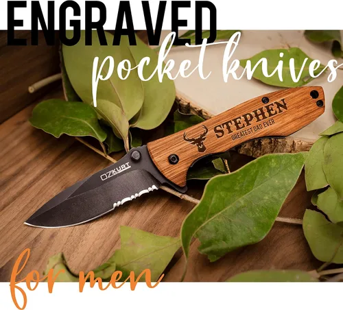 Vista 5 de Regalos para hombres, cuchillo de bolsillo de madera de roble grabado personalizado - 36 iconos, 20 fuentes elegantes - Cuchillos de bolsillo