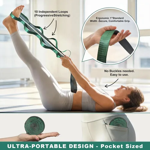 Vista 2 de Acozycoo Correa de estiramiento con 10 bucles, correa de yoga para terapia física, entrenamiento en casa, entrenamiento de pilates y flexibilidad