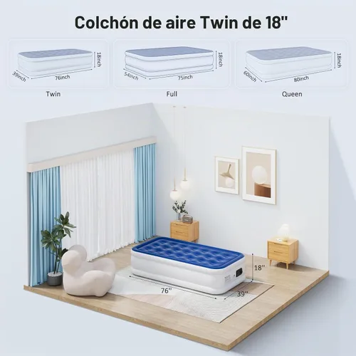Vista 6 de Colchón de aire tamaño individual con bomba integrada, colchón inflable elevado de 18 pulgadas, cama inflable autoinflable, cama de aire portátil