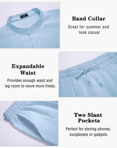 Vista 5 de COOFANDY Conjuntos de lino para hombre, 2 piezas, camisa de manga larga y pantalones cortos casuales con cordón en la cintura, trajes de verano
