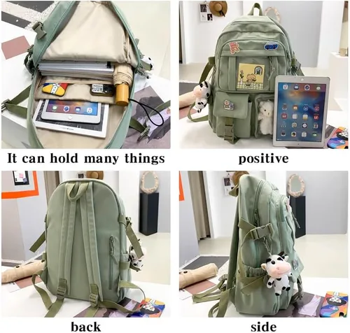 Vista 4 de Linda mochila Kawaii para niñas, mochila escolar kawaii, mochila escolar de anime, llavero colgante mochila de viaje, Verde, Lindo