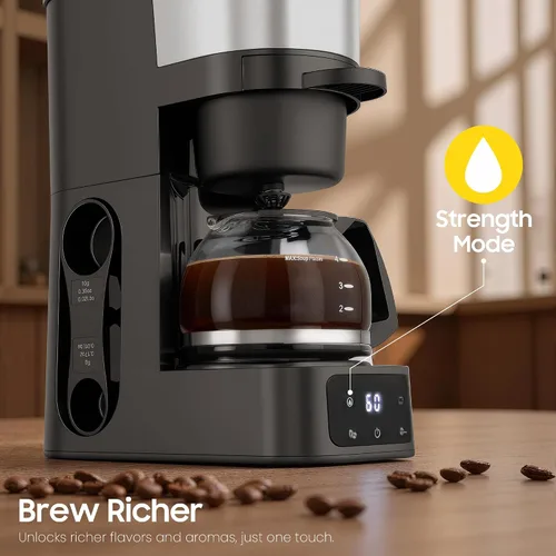 Vista 5 de ATSENT Cafetera de Moler y Preparar Café, Cafetera de Goteo con Molinillo Integrado, Máquina de Café Programable de 5 Tazas con Intensidad