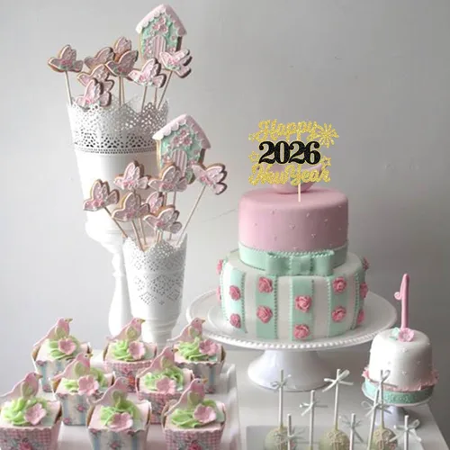 Vista 4 de 1 paquete de decoración para tartas con purpurina de fuegos artificiales para 2026 Año Nuevo 2026, decoración para pasteles de bienvenida 2026