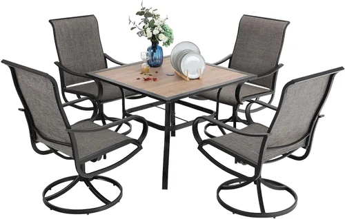 Vista 21 de PHI VILLA Juego de comedor de 5 piezas para patio al aire libre con sillas giratorias (azul) y mesa de comedor de acero de metal de 37 x 37 pulgadas