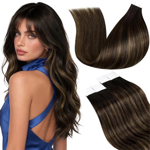 Vista 23 de LaaVoo - Extensiones de cabello humano con cinta adhesiva, color marrón a rubio ceniza, extensiones de cabello humano real, cintas en extensiones