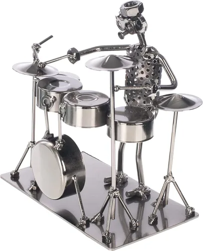 Vista 3 de Figura de batería de metal plateado de 7 pulgadas, músico Steampunk Regalo de batería hecho a mano en tono plateado para músicos y bateristas