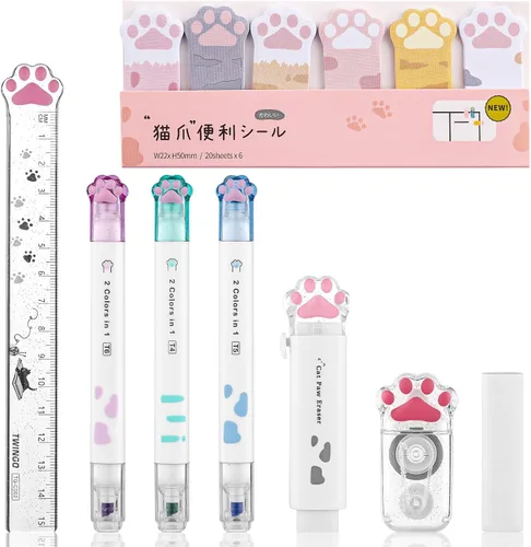 Vista 9 de Juego de 8 piezas de artículos de papelería lindos de patitas de gato, suministros escolares kawaii que incluyen sacapuntas, borrador retráctil