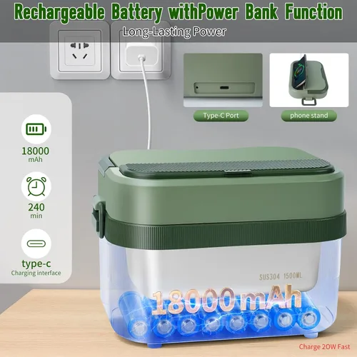 Vista 2 de MDHAND Lonchera térmica para hombres – Fiambrera eléctrica inalámbrica con batería de 18000 mAh para adultos trabajadores, viajeros, conductores