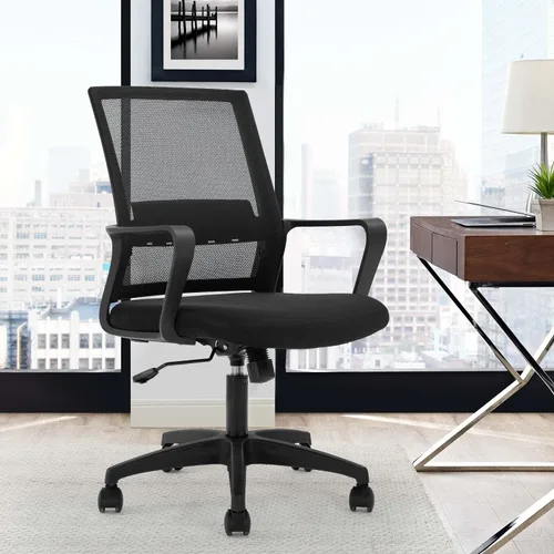 Vista 2 de FDW Silla de escritorio ergonómica de malla para computadora, de media espalda, con descansabrazos, giratoria, ajustable, soporte lumbar, Negro