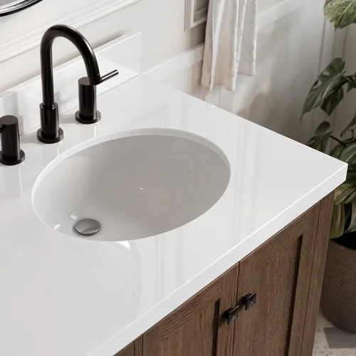 Vista 4 de ARIEL Cambridge tocador de baño con fregadero, madera maciza, encimera y protector contra salpicaduras de cuarzo blanco puro de 1.5 pulgadas