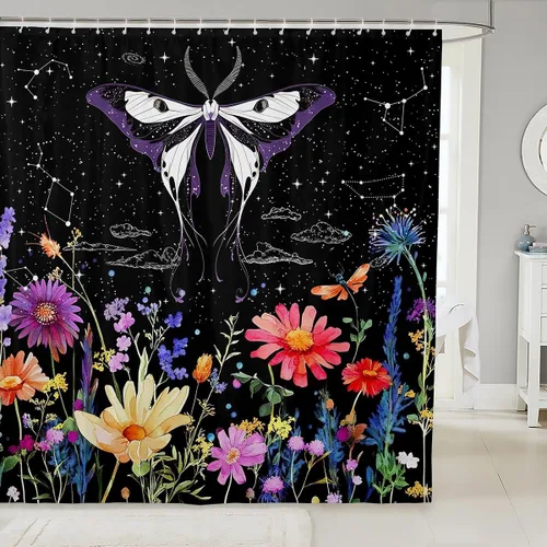 Vista 16 de Cortina de baño de lobo con luna azul noche para niños, juego de cortina de ducha para tinas de cielo estrellado, vida silvestre, animales salvajes