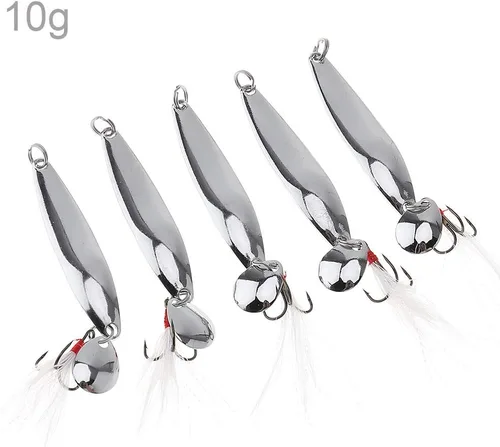 Vista 9 de Kit de pesca de señuelos de cucharas de 5 piezas, cebos giratorios de metal con ganchos agudos para lubina salmón